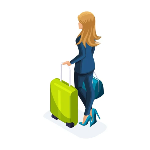 Eu algures de uma mulher bonita em uma viagem de negócios, vem com sua bagagem, vista traseira. Um fato de negócios elegante. Viajando senhora de negócios —  Vetores de Stock