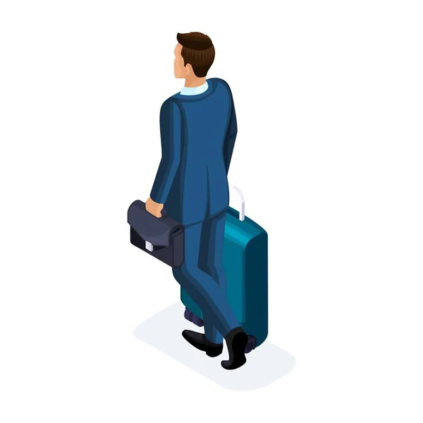 Ein gutaussehender junger Mann auf Geschäftsreise kommt mit seinem Gepäck am Flughafen an, Rückansicht. Geschäftsmann auf Reisen — Stockvektor