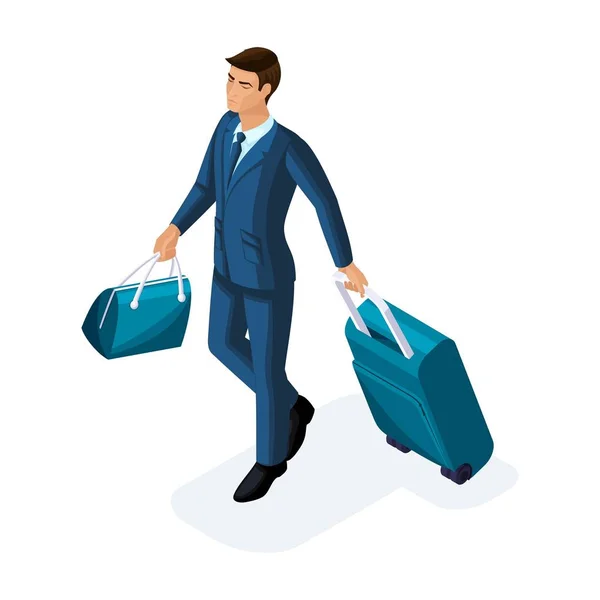 Isometrisch zu dem gutaussehenden jungen Mann auf Geschäftsreise, kommt mit seinem Gepäck am Flughafen an. Geschäftsmann auf Reisen — Stockvektor