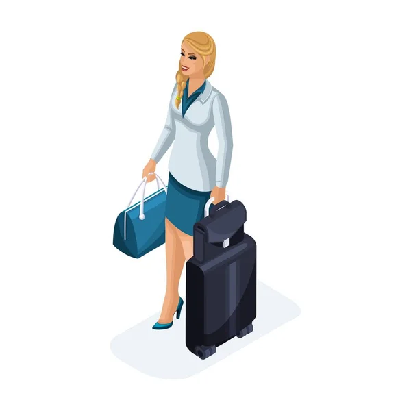 Isometric of a beautiful woman on a business trip, standing with her luggage. A beautiful business suit. Traveling business lady. Vector illustration — Stock Vector