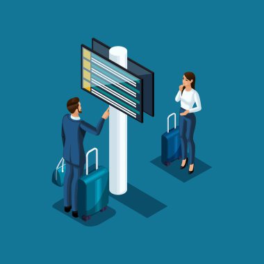 Isometric airport passengers watch the flight schedule and passport control plan, vector illustration clipart