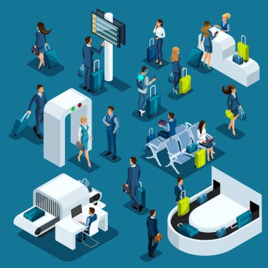 Airport isometric icons set of reception and passport check desk, waiting room, transit area, passengers are waiting for boarding, business trip blue background clipart