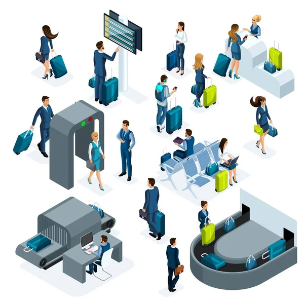 Ícones isométricos do aeroporto conjunto de recepção e check desk passaporte, sala de espera, área de trânsito, os passageiros estão esperando por embarque, viagem de negócios vetor isolado —  Vetores de Stock