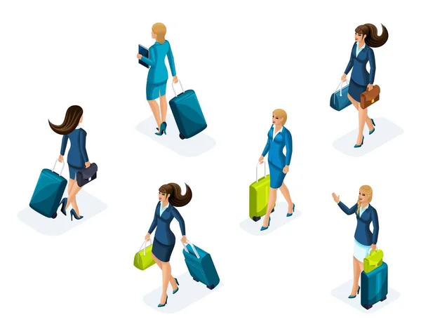 Isometry large Conjunto de mujeres de negocios en viaje de negocios, con equipaje en el aeropuerto, vista frontal y trasera. Viajar hombres de negocios, viaje de negocios — Vector de stock