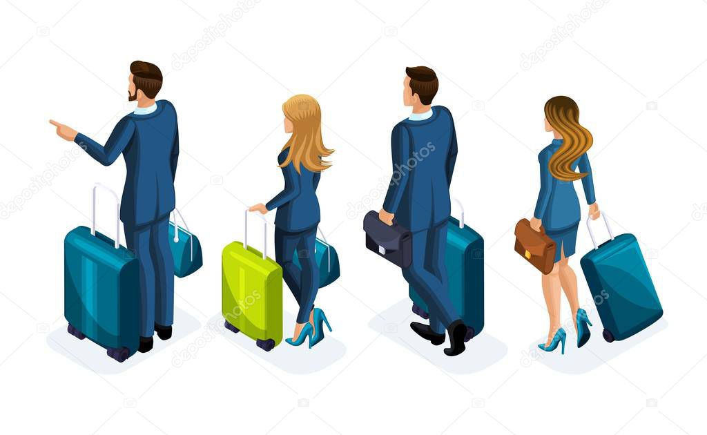 Isometric Set of beautiful business people and business woman on a business trip, with luggage at the airport, rear view. Traveling businessmen, business trip