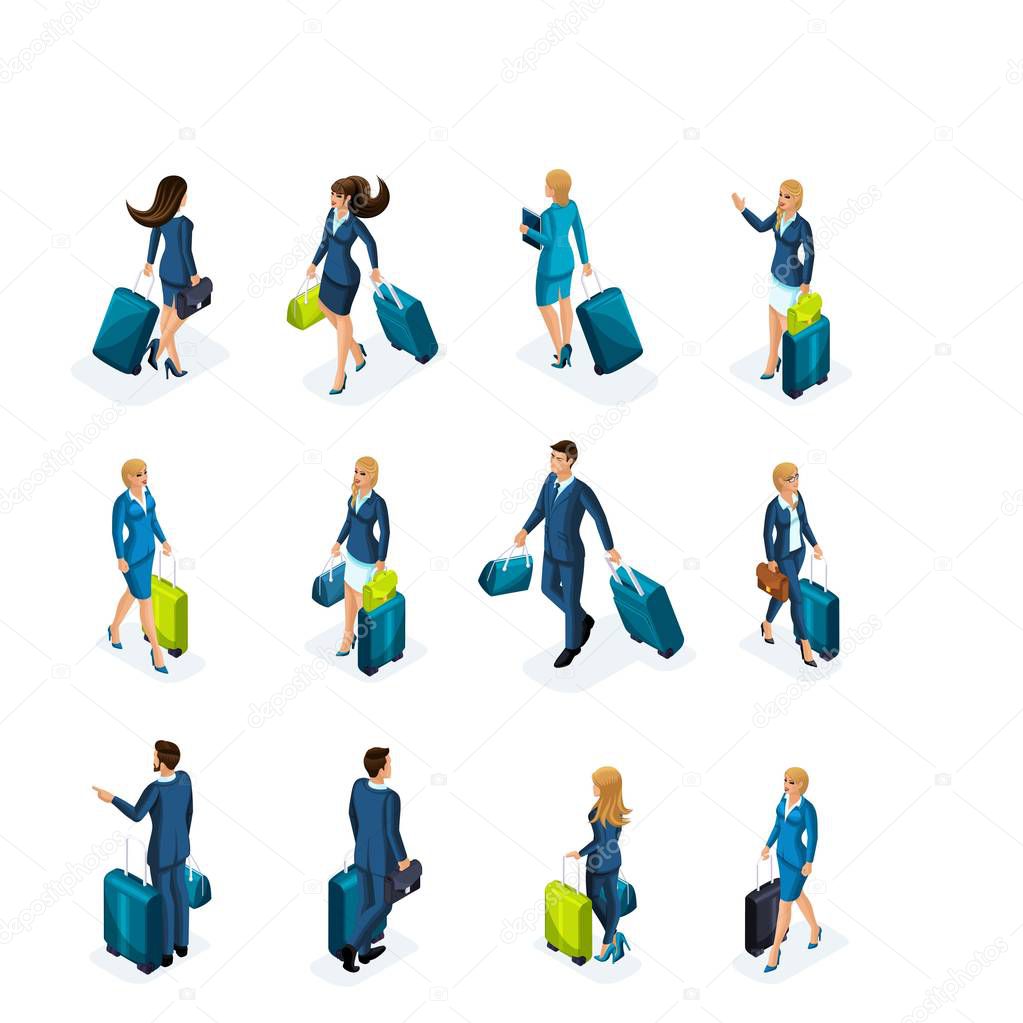 Isometric large Set of businessmen and business lady on a business trip, with luggage at the airport, front view and back view. Traveling businessmen