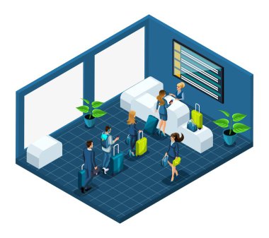 Havaalanı yolcu Bagaj, pass pasaport kontrolü büyük parlak bir odada duygusal karakterlerle vektör çizim ile izometrik bina