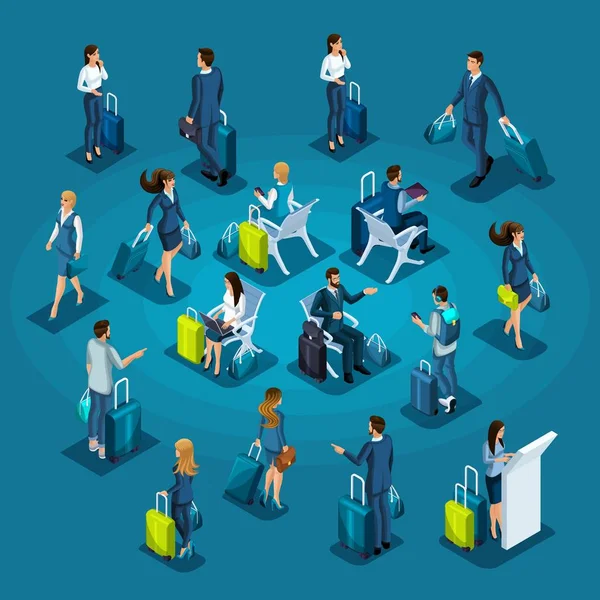 Isometric grand ensemble de passagers pour les illustrations, aéroport international, dames d'affaires et hommes d'affaires avec vue sur les bagages avant et arrière — Image vectorielle