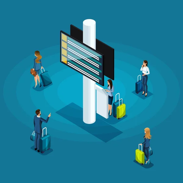 Concepto de infografía isométrica de la sala de espera de un aeropuerto internacional, damas de negocios y hombres de negocios en un viaje de negocios — Vector de stock