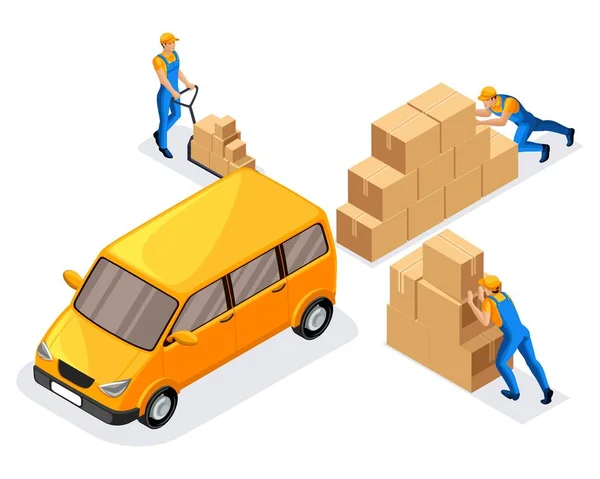 Isometric warehouse workers load boxes into the delivery service machine. Express, Home, Fast delivery, Shipping. Vector illustration — Stock Vector