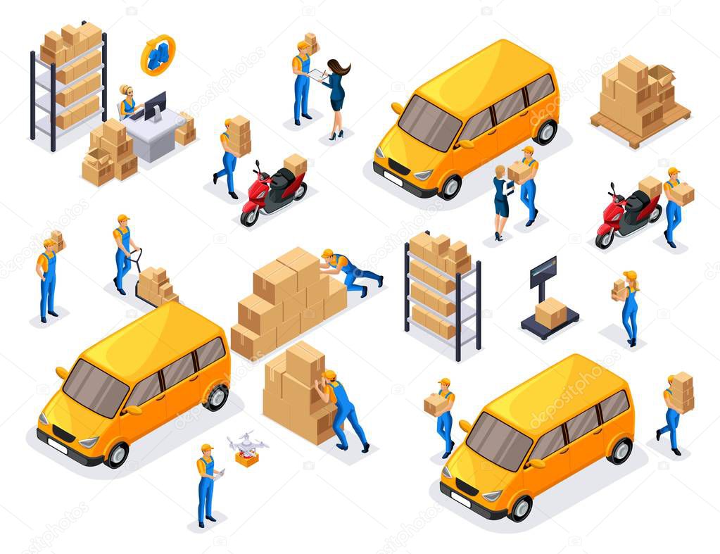 Isometric delivery service, couriers, warehouse workers, round-the-clock work, a large set of symbols and concepts for creating vector illustrations
