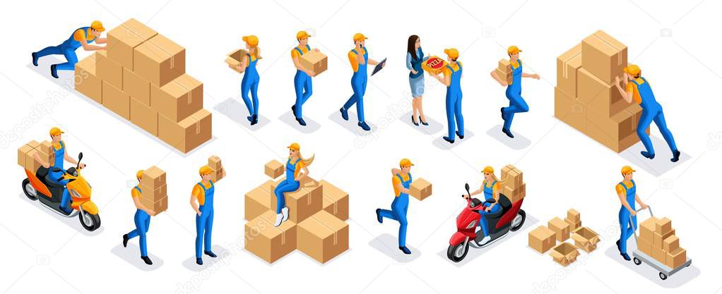 Isometric delivery service, couriers, warehouse workers, large set of symbols and concepts to create their own drawings and illustration