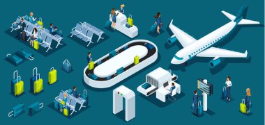 Isometric large set with airport symbols, Airplane passengers of the international airport, business ladies and businessmen business trip, passengers with luggage clipart
