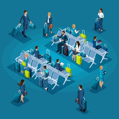 Isometric infographic concept of the waiting room of an international airport, transit zone, business ladies and businessmen on a business trip clipart