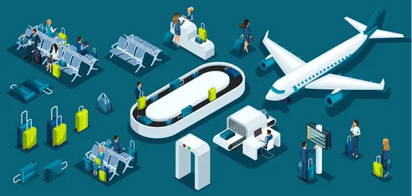 Ισομετρική μεγάλο σύνολο με σύμβολα αεροδρόμιο, στους επιβάτες αεροπλάνο από το Διεθνές Αεροδρόμιο, κυρίες επαγγελματίες και επιχειρηματίες επαγγελματικό ταξίδι, οι επιβάτες με αποσκευές — Διανυσματικό Αρχείο