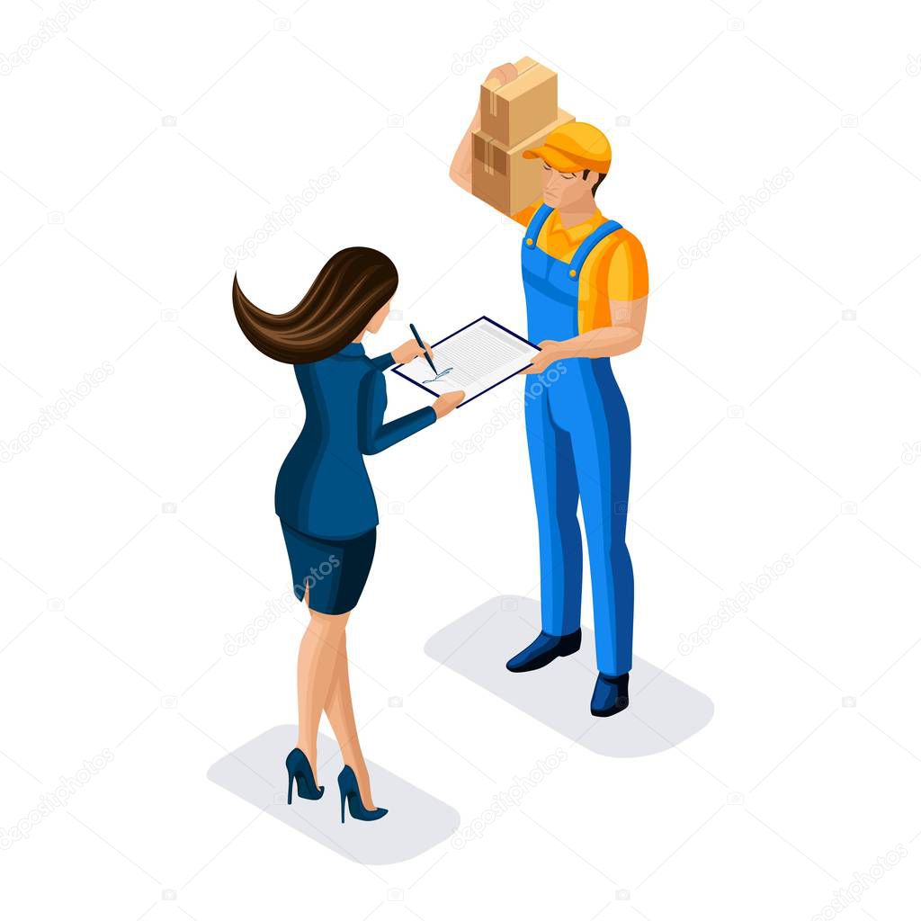 Isometric courier delivered a parcel to a businesswoman, signs documents to a man in uniform, vector illustration