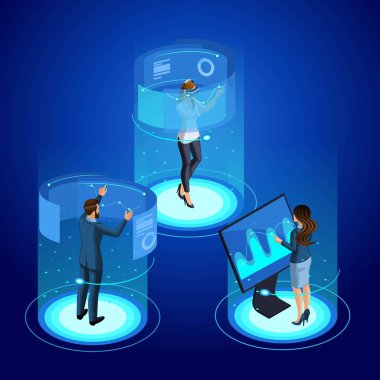 Toplantıda bir modern iş adamı ve iş kadını, araçları, sanal ekran yönetimi ile çalışır. Sanal gerçeklik dünyaya. Geleceğin teknolojisi