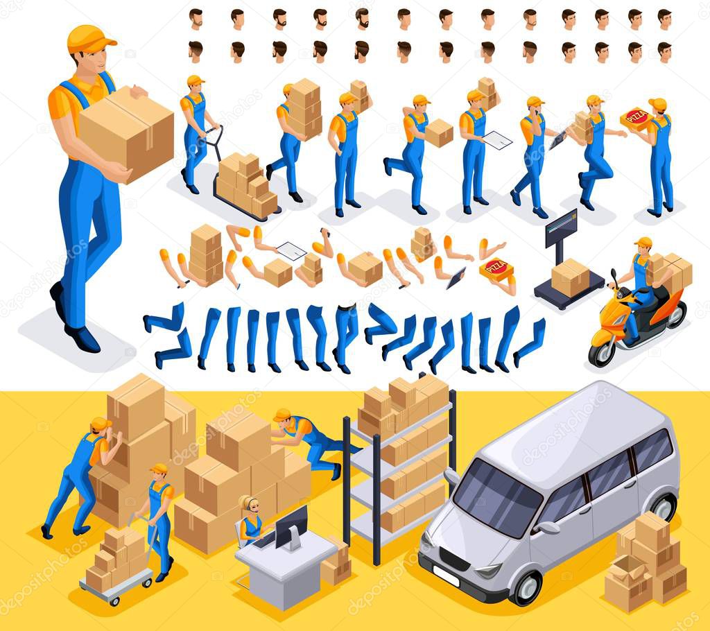 Isometric set 6 Create your character, courier, man from the delivery service. Set of gestures of hands, feet, emotions of the character, a set of different hairstyles