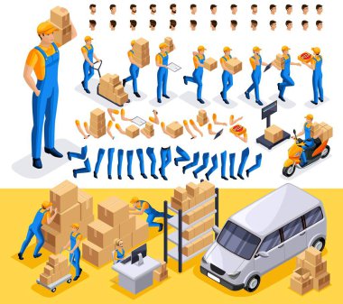 İzometrik set 3 karakter, kurye, adam teslim hizmetinden oluşturun. Eller, ayaklar, karakterin duyguları, değişik saç modelleri bir dizi hareket kümesi