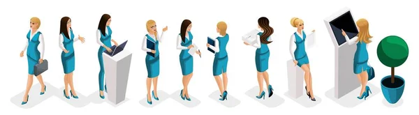 女性のビジネス、銀行女の子労働者、銀行、制服で頭、ドレスコードの等尺性のセットです。金融と銀行部門を仕事します。 — ストックベクタ