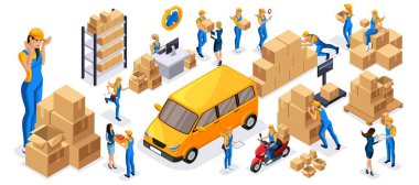 İzometrik 1 simgelerin teslimat Servisi, kuryeler siparişleri taşımak, binmek resmi araçlar, scooter, Araba, quadrocopter, teslimat hızlı kız ayarla