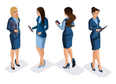 İş kadını ile becerikli alet açık görünümü arka görüş, izometrik kümesi kullanmak tabletleri, smartphone, dizüstü bilgisayarlar, etkileşimli ekran, sanal gerçeklik