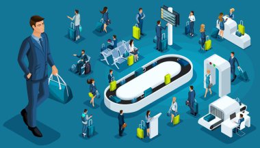 Isometric set 3, international airport icons, passengers with luggage, big businessman on a business trip, transit zone, air lines clipart