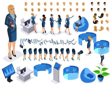 İzometrik iş kadını gadget'lar ile ayarla, karakter, duygular bir dizi, eller, ayaklar, saç jestleri oluşturmak