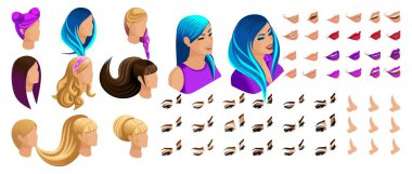 İzometrik oluştur duygular karakteri, Genç kız için. Güzel saç modelleri ve duygular, üzüntü, sevinç, mutluluk ayarlayın. Dudaklar, gözler farklı makyaj
