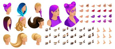 İzometrik oluştur duygular karakteri, Genç kız için. Güzel saç modelleri ve duygular, üzüntü, sevinç, mutluluk ayarlayın. Dudaklar, gözler farklı makyaj