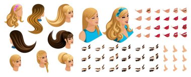 İzometrik oluştur duygular karakteri, Genç kız için. Güzel saç modelleri ve duygular, üzüntü, sevinç, mutluluk ayarlayın. Dudaklar, gözler farklı makyaj