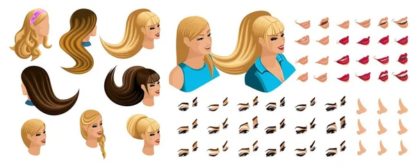 Isometrische maken emoties voor je karakter, jonge meisje. Stel mooie kapsels en emoties, verdriet, vreugde, geluk. Verschillende make-up lippen, ogen — Stockvector