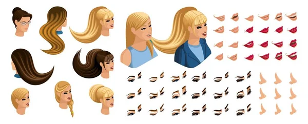 Isometric Create emotions for your character, young girl. Set beautiful hairstyles and emotions, sadness, joy, happiness. Different make-up of lips, eyes — Stock Vector