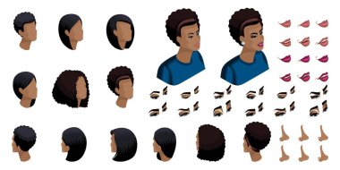 İzometrik oluştur duygular için karakter, Genç bir Afrikalı-Amerikalı kadın, bir iş kadını. Küme şık saç modelleri ve duyguların, üzüntü, sevinç, mutluluk