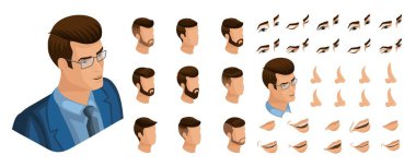 İzometrik oluştur duygular karakter, genç girişimci, iş adamı. Küme şık saç modelleri ve duyguların, üzüntü, sevinç, mutluluk