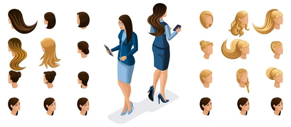 Isometric business women work with gadgets, virtual screen, front view rear view. Create stylish hairstyles for your character — Stock Vector