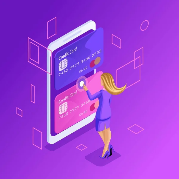 等尺性、オンライン クレジット カード、オンライン銀行口座、カードからカードにスマート フォンを使用してお金を転送するビジネスの女性を管理する明るいコンセプト — ストックベクタ
