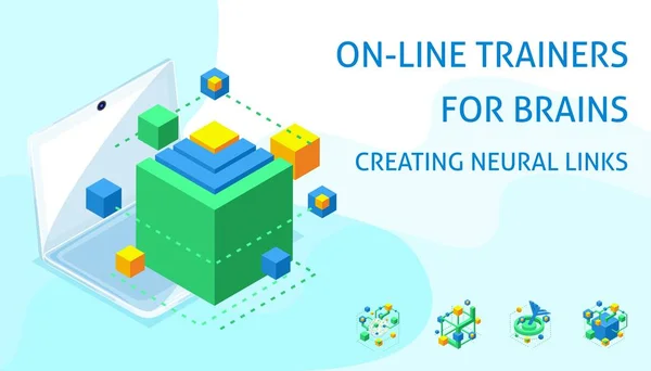 Desenvolvimento de ícones isométricos de velocidade de leitura, desenvolvimento de fios neuronais existentes e formação de novos, para melhorar a função cerebral e a atividade cerebral — Vetor de Stock