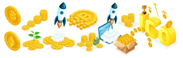 Isomrics icone investitori, speculatori con concetto di blockchain ICO, bitcoin sicuro, cryptocurrency mining, progetto di avvio isolato illustrazione vettoriale — Vettoriale Stock