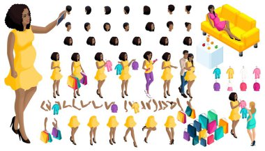 Kalite Isometry hamile Afrikalı-Amerikalı kız. Saç modelleri ve duygular bir kızın kümesi. Ellerini ve ayaklarını hareket kümesi. Bebekler ve giysi kümesi, kendi karakter yaratmak