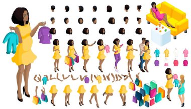 Kalite Isometry hamile Afrikalı-Amerikalı kız. Saç modelleri ve duygular bir kızın kümesi. Ellerini ve ayaklarını hareket kümesi. Bebekler ve giysi kümesi, kendi karakter yaratmak