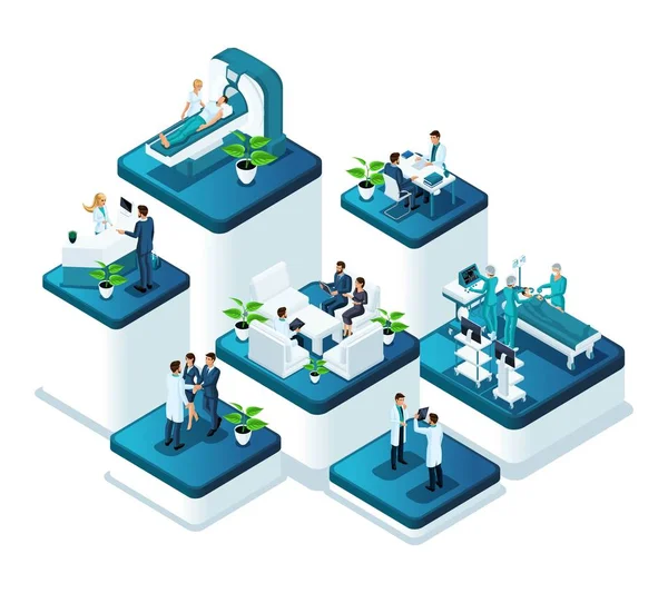 Isometric doctors concept of the work of medical personnel in a hospital. Concept of treatment and conducting surgical operations in the clinic — Stock Vector