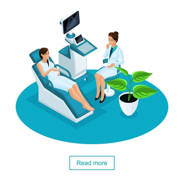 Isometrische echografie test. Zwangerschap. Gynaecoloog foetale leven met de scanner controleren. Concept van het onderzoek van een zwangere vrouw in een privékliniek — Stockvector