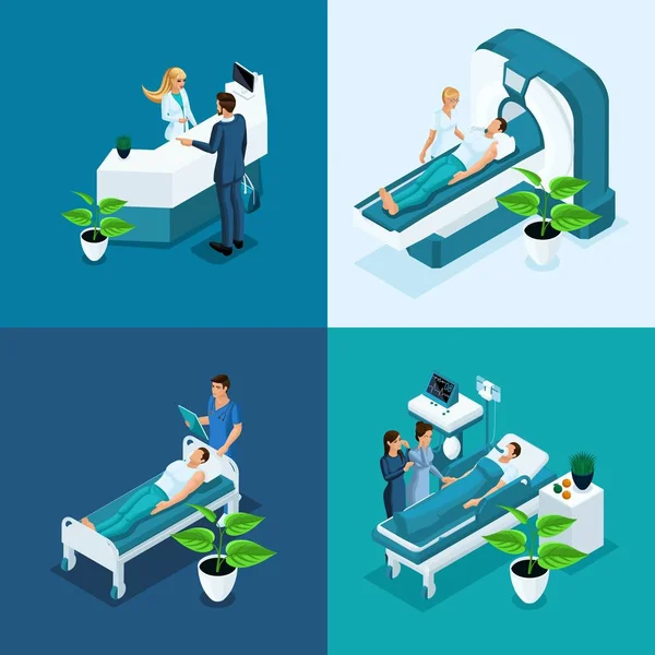 Rumah Sakit konsep Isometrik, MRI Medis Pindai, Ruang Operasi dengan Dokter, Proses Fluorografi, Kantor Bedah, diagnosa Klinik swasta - Stok Vektor