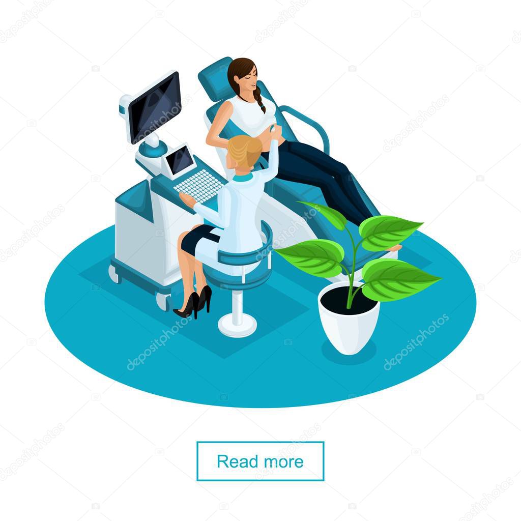 Isometric Ultrasound test. Pregnancy. Gynecologist checking fetal life with scanner. Concept of examination of a pregnant woman