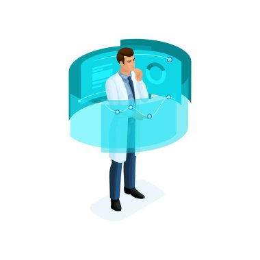 İsometry bir özel klinikte işçinin modern teknoloji, set 6, sanal ekran, büyük tablet, modern veri depolama, kullanır doktorlar, cerrahlar, hemşireler için