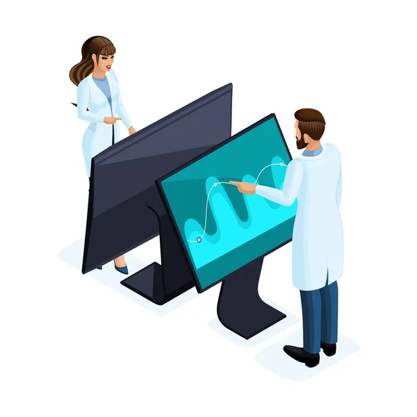 Isomia di un operatore clinico privato utilizza la tecnologia moderna, set 8, schermo virtuale, grande tablet, moderna memorizzazione dei dati, per medici, chirurghi, infermieri — Vettoriale Stock