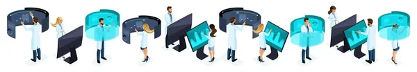 Algum de um grande conjunto de médicos usa alta tecnologia na clínica privada, tela virtual, tablet grande, armazenamento de dados moderno, médicos, cirurgiões, enfermeiros — Vetor de Stock