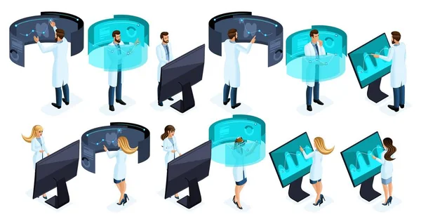 Isometry é um grande conjunto de médicos que usam tecnologias modernas da clínica privada, uma tela virtual, um tablet grande, armazenamento de dados moderno, cirurgiões, enfermeiros —  Vetores de Stock