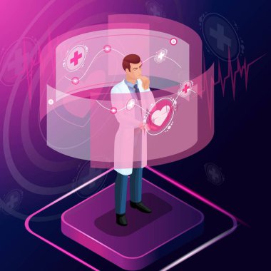Isometric doctor diagnoses the disease and monitors its development, set 1, prescribes a medicine for treatment, looks at tests, works with high tech technologies clipart